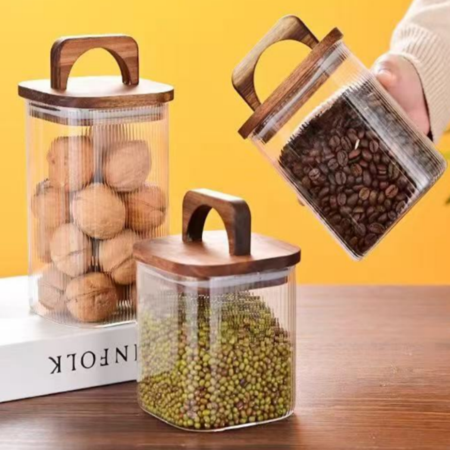 Acacia wood handle with fine striped square jar